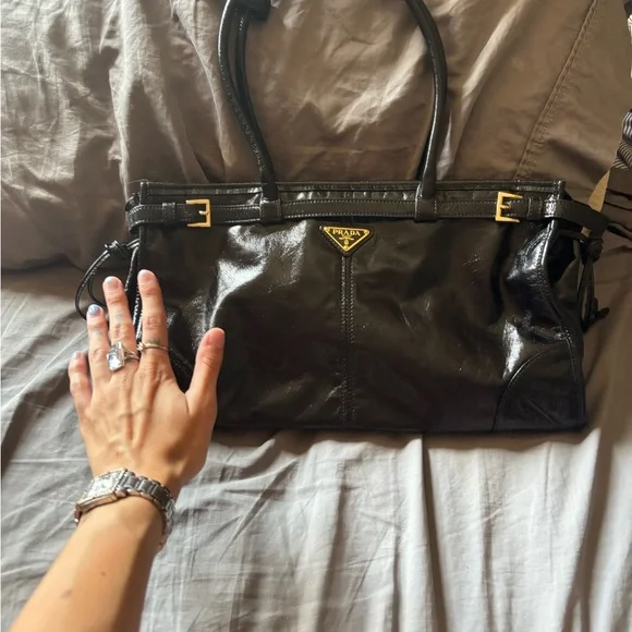 Prada belted convertible shoulder bag vitello shine